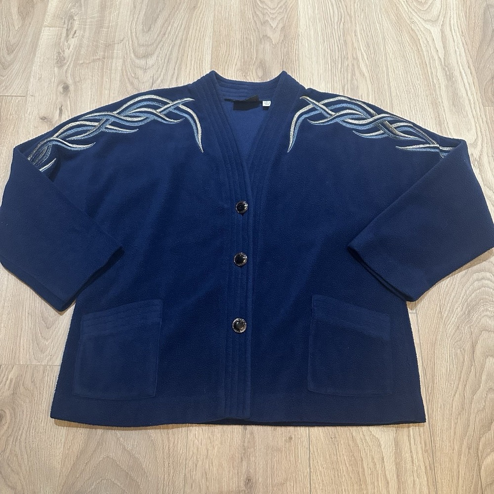 Bob Mackie Wearable Art Jacket Women's Size L Blue Embroidered EUC Button Pocket